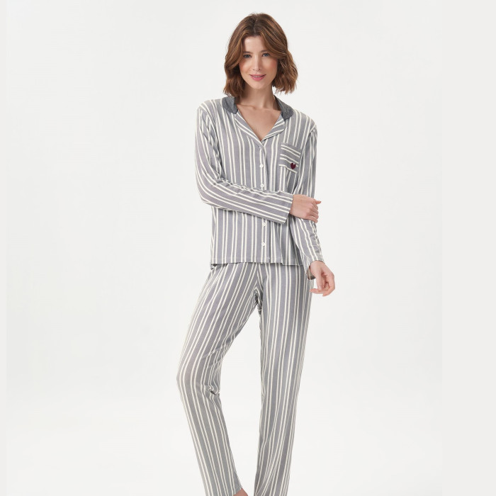 PIJAMA MANGA LONGA COM ABERTURA LISTRAS CINZA