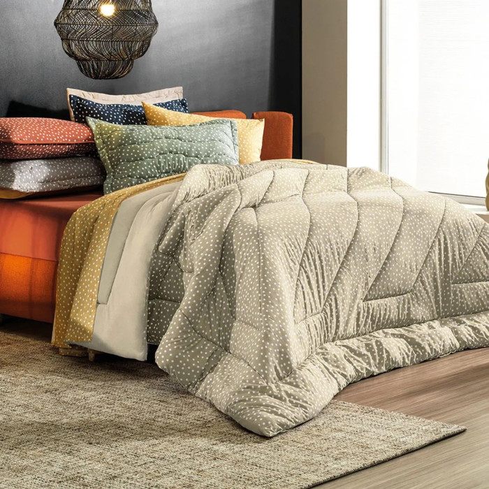 EDREDOM QUEEN MALHA FIO PENTEADO BITS BEGE