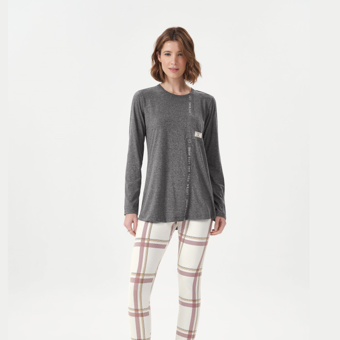 PIJAMA MANGA LONGA COM LEGGING XADREZ ESCURO