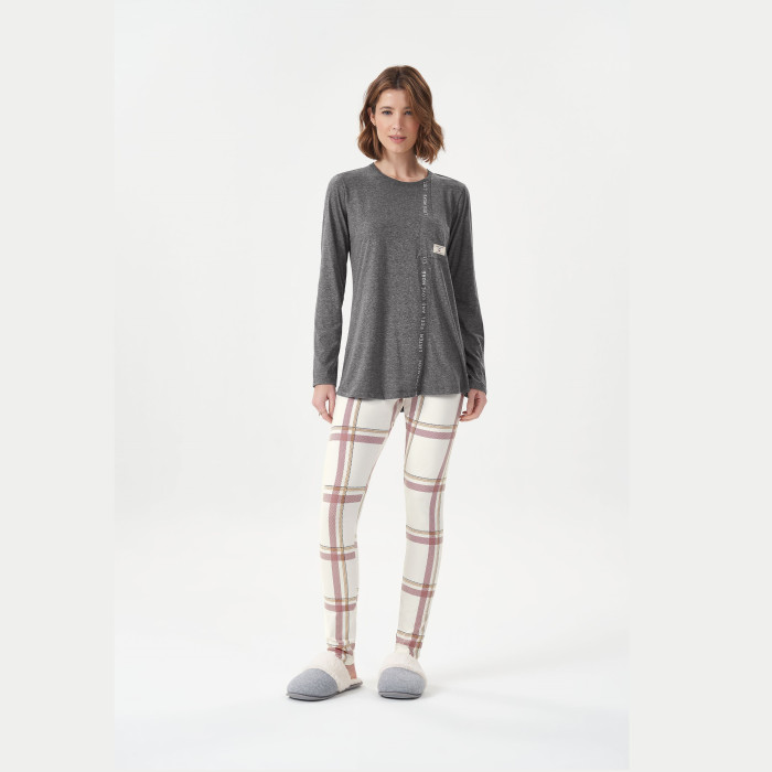 PIJAMA MANGA LONGA COM LEGGING XADREZ ESCURO