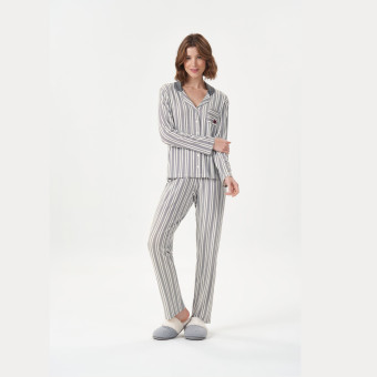 PIJAMA MANGA LONGA COM ABERTURA LISTRAS CINZA