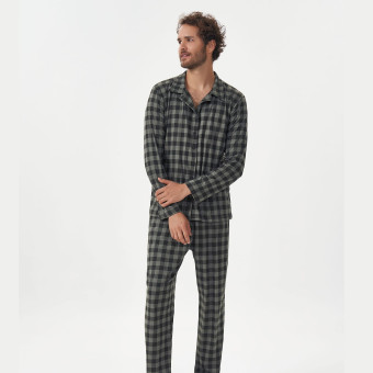 PIJAMA MANGA LONGA BOTÃO XADREZ CHUMBO