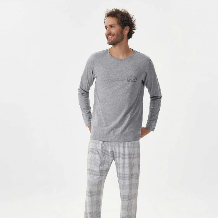 PIJAMA MANGA LONGA MASCULINO MESCLADO CINZA
