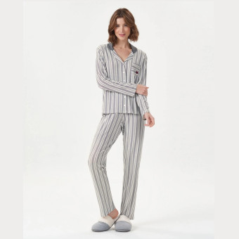 PIJAMA MANGA LONGA COM ABERTURA LISTRAS CINZA