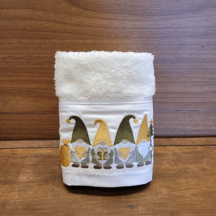TOALHA LAVABO NATAL QUATRO GNOMOS DOURADO E VERDE