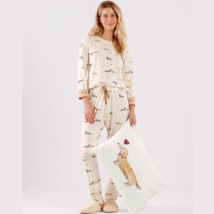 PIJAMA MALHA CACHORRINHOS SALSICHAS BEGE