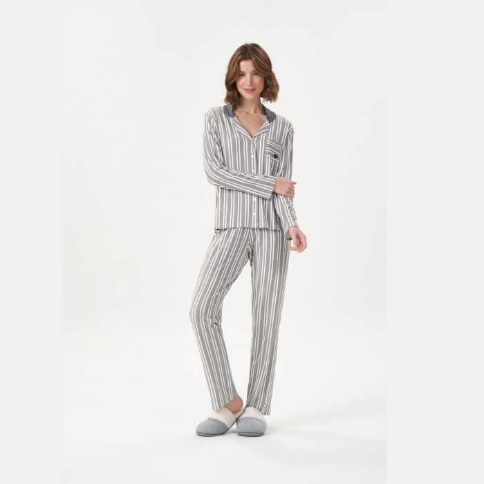 PIJAMA MANGA LONGA COM ABERTURA LISTRAS CINZA