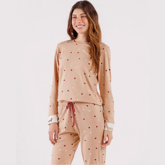 PIJAMA MALHA CORAÇÕES CACHORINHO SALSICHA BEGE