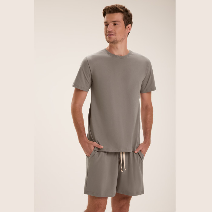 PIJAMA MANGA CURTA MARROM LISO