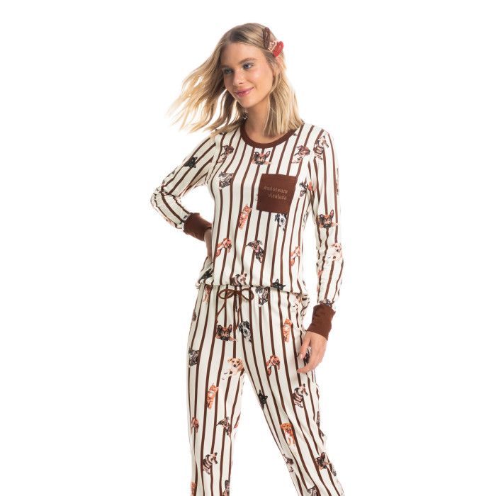 PIJAMA LONGO VIRA LATAS MARROM ESCURO