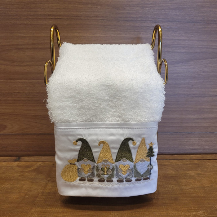 TOALHA LAVABO NATAL QUATRO GNOMOS DOURADO E VERDE