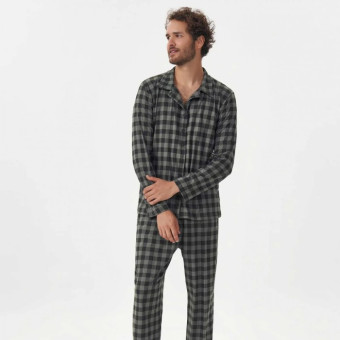 PIJAMA MANGA LONGA BOTÃO XADREZ CHUMBO