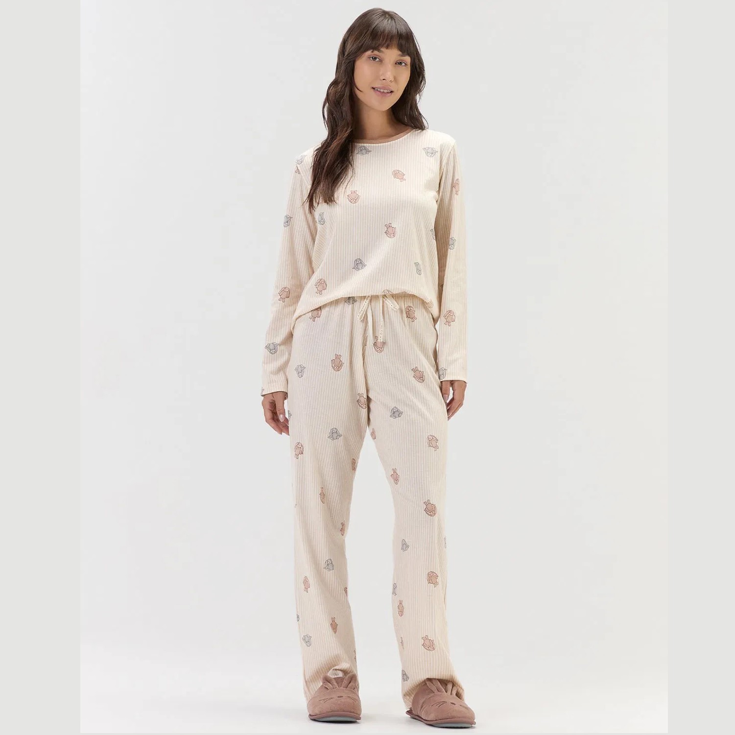PIJAMA FEMININO LONGO MALHA COELHOS LISTRADO BEGE