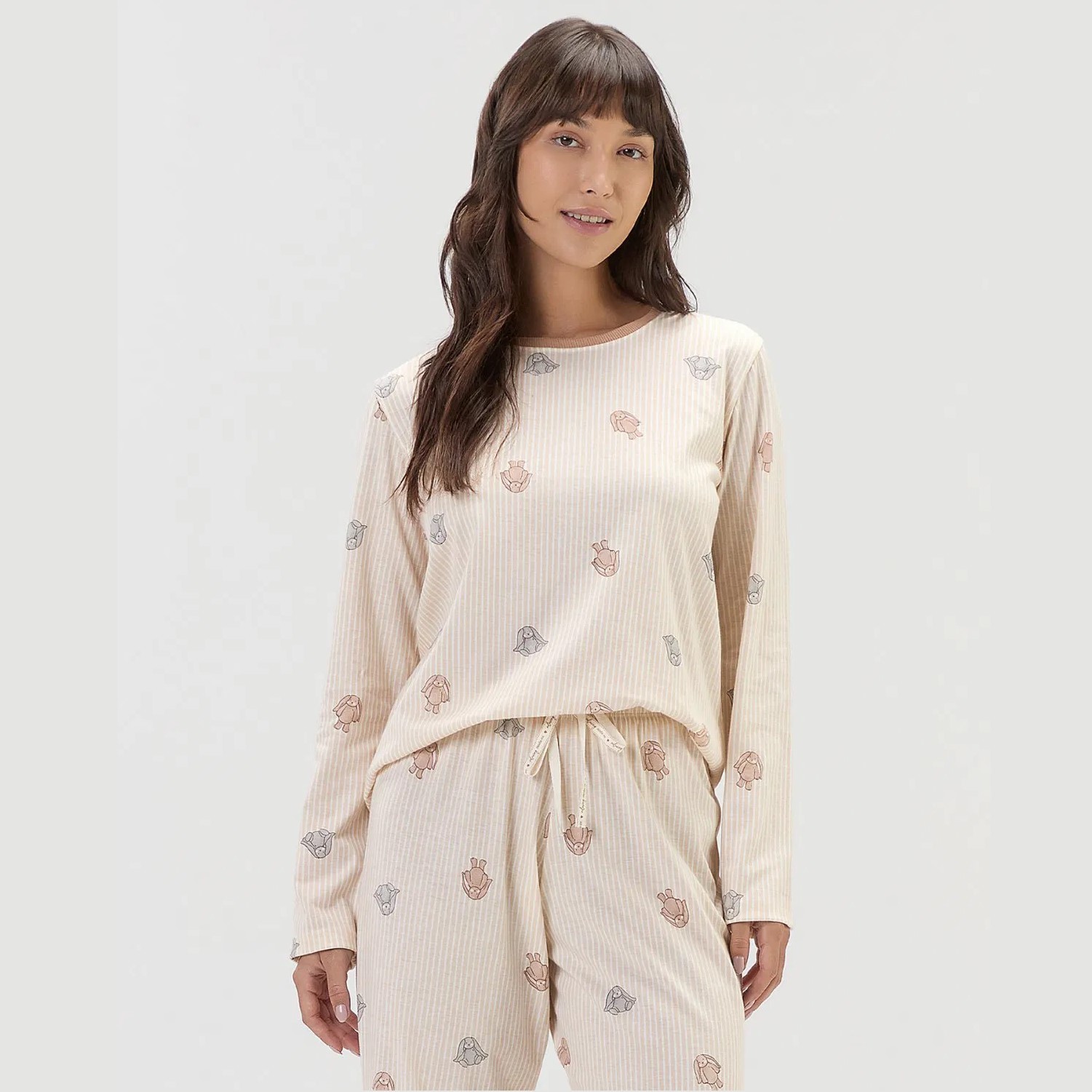 PIJAMA FEMININO LONGO MALHA COELHOS LISTRADO BEGE
