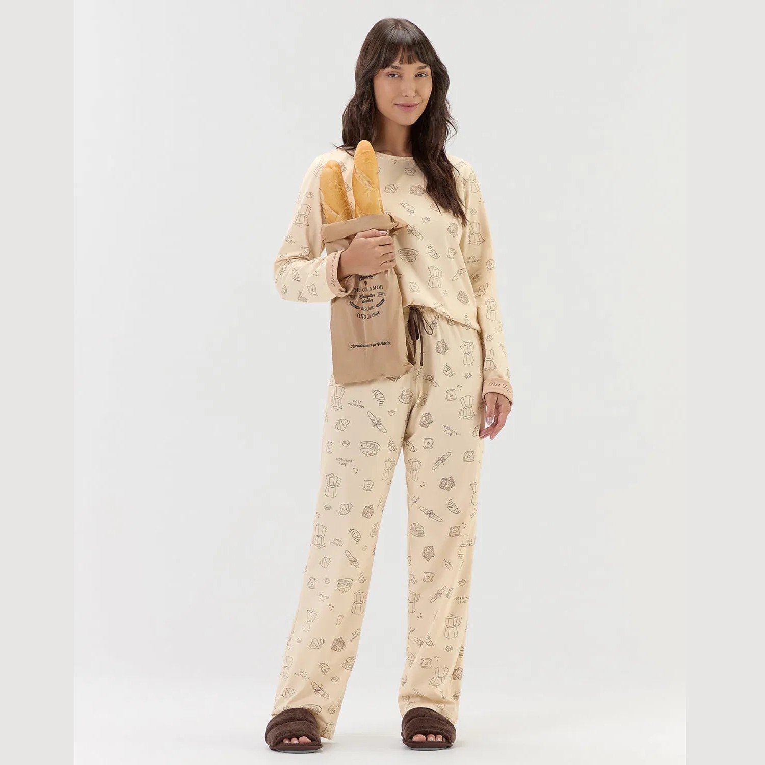 PIJAMA FEMININO LONGO MALHA CAFÉ DA MANHÃ BEGE