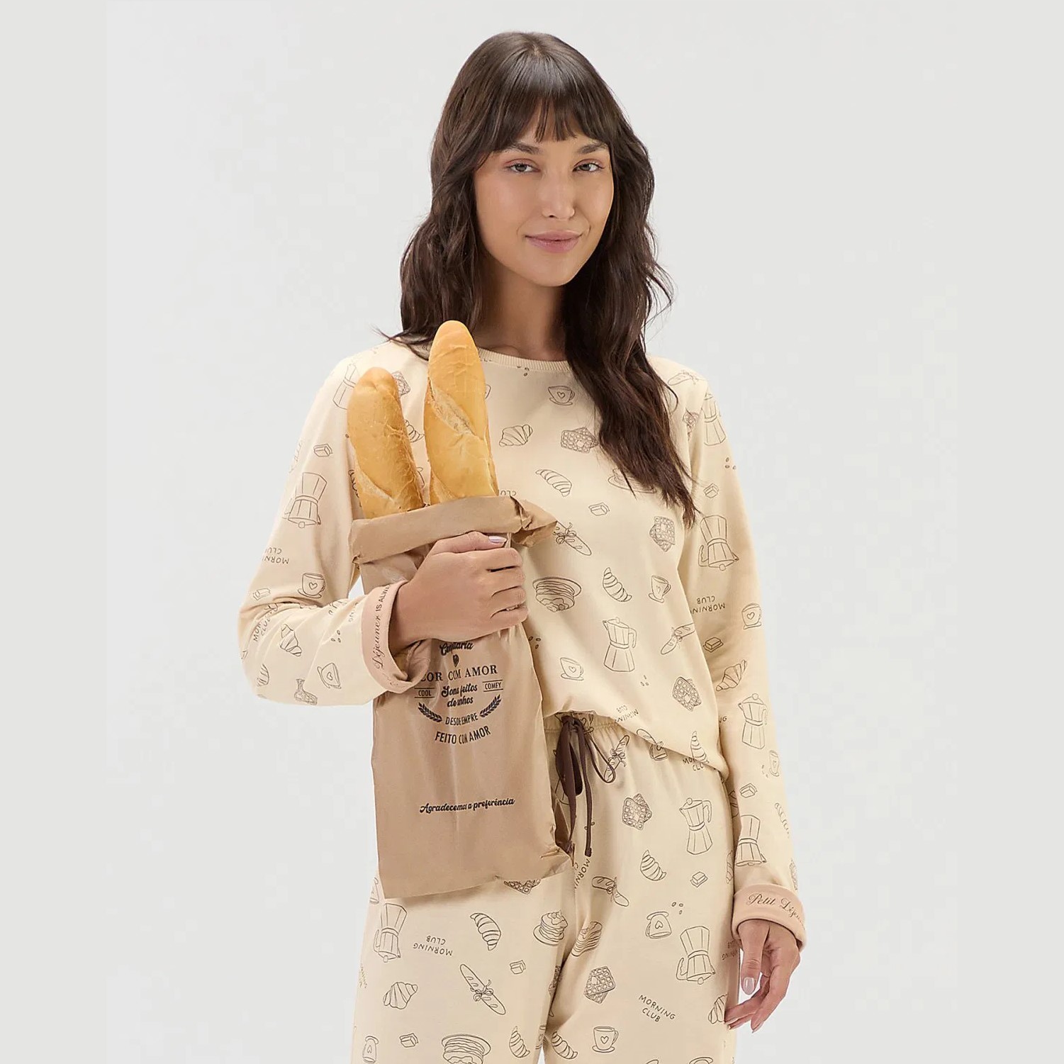 PIJAMA FEMININO LONGO MALHA CAFÉ DA MANHÃ BEGE