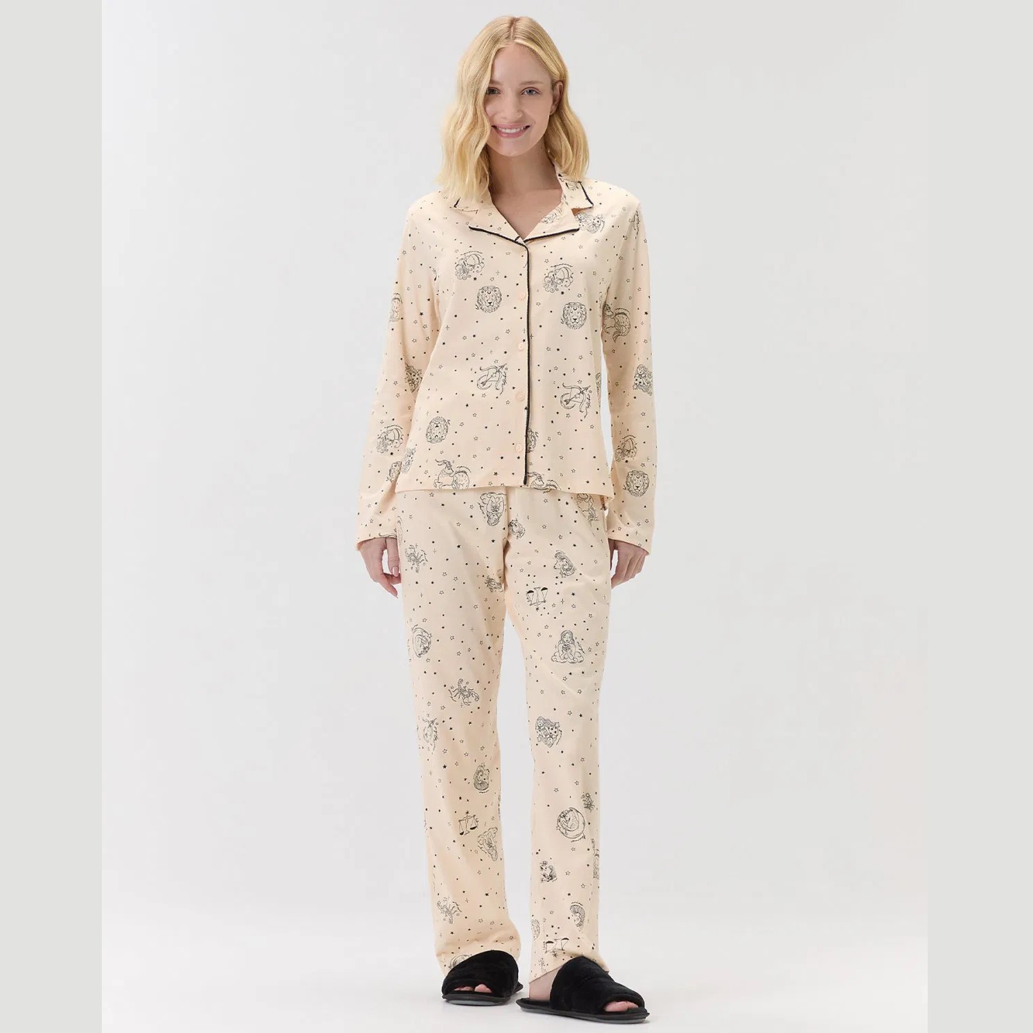 PIJAMA FEMININO LONGO AMERICANO MALHA SIGNOS BEGE