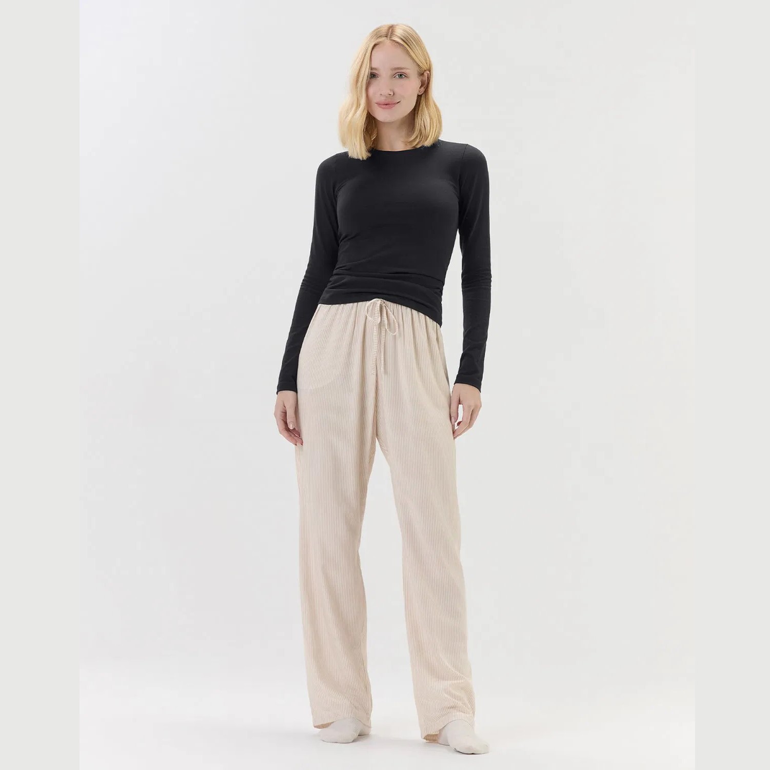 CALÇA FEMININA VISCOSE FIO TINTO LISTRAS BEGE