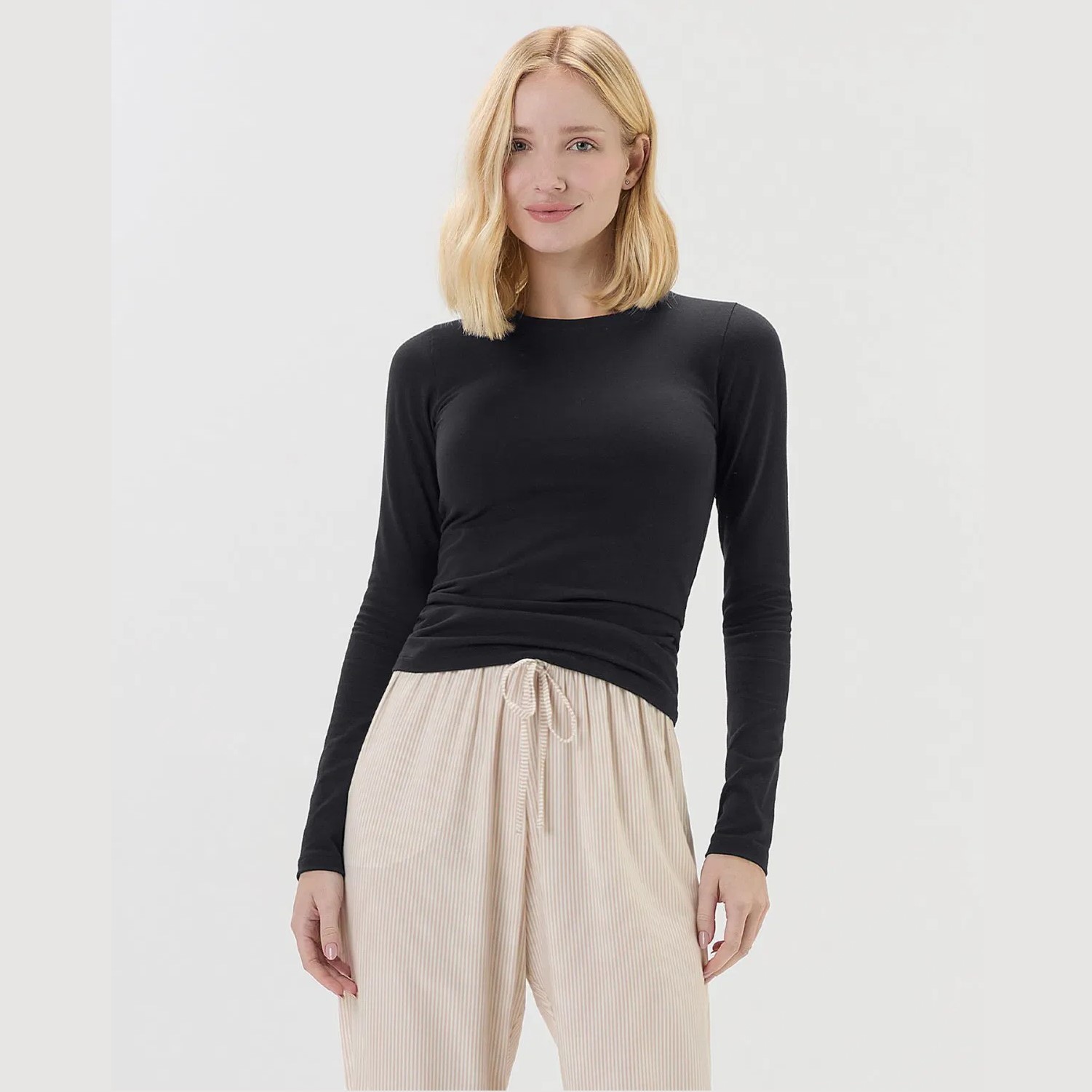 CALÇA FEMININA VISCOSE FIO TINTO LISTRAS BEGE